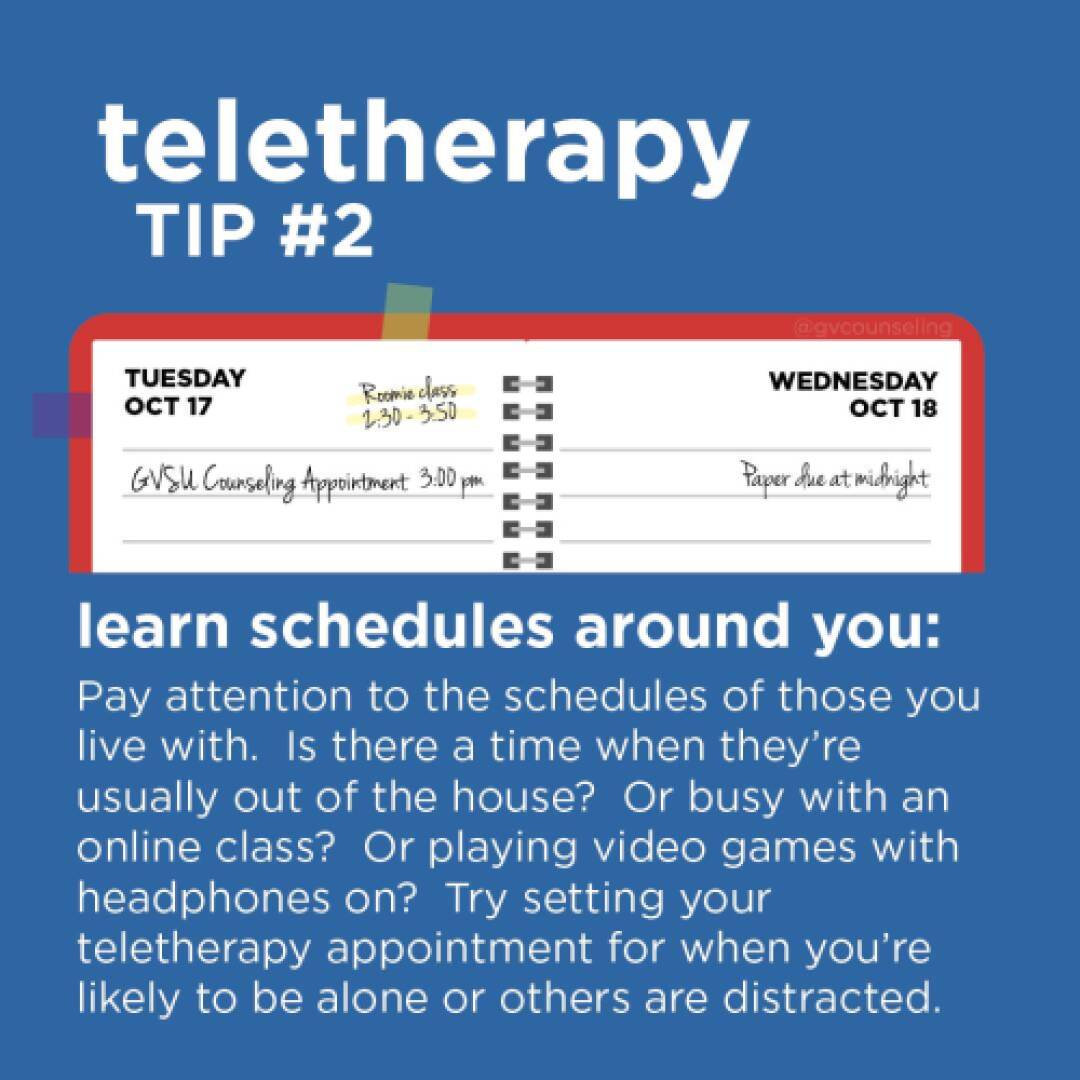 Teletherapy Tip #2 graphic with a calendar showing appointments. Text advises to learn others' schedules for better teletherapy timing.
